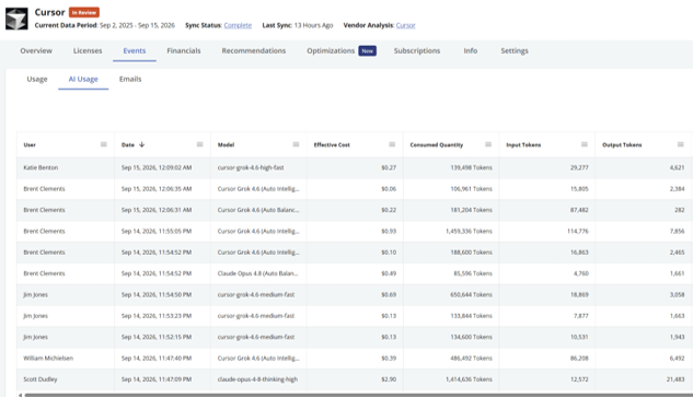 Calero AI usage view for Cursor: tokens, model and effective cost per user