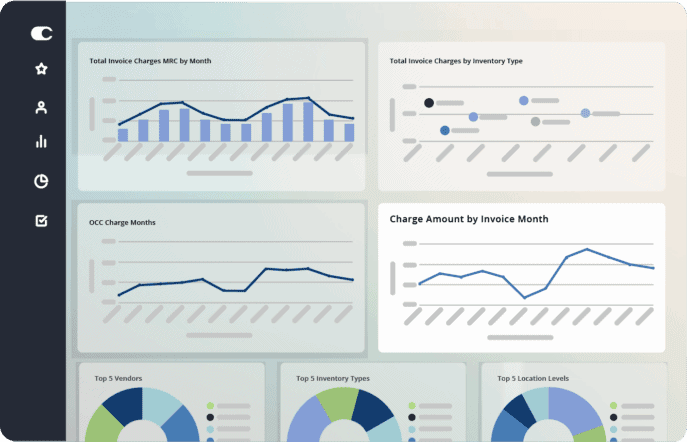 Calero invoice analytics: total invoice charges by month and inventory type, charge amounts and top vendors